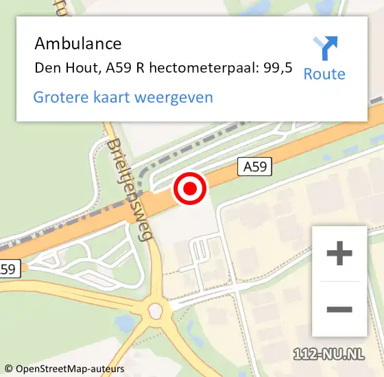 Locatie op kaart van de 112 melding: Ambulance Den Hout, A59 R hectometerpaal: 99,5 op 19 april 2018 17:44