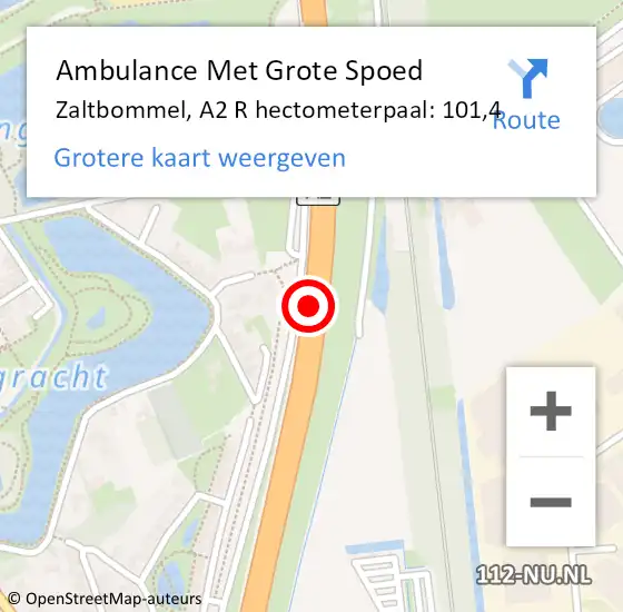 Locatie op kaart van de 112 melding: Ambulance Met Grote Spoed Naar Zaltbommel, A2 R hectometerpaal: 100,0 op 21 april 2018 06:25