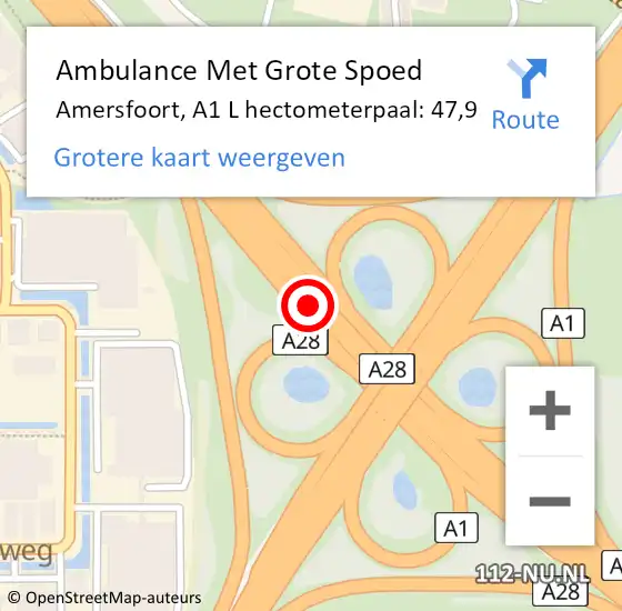 Locatie op kaart van de 112 melding: Ambulance Met Grote Spoed Naar Amersfoort, A1 L hectometerpaal: 47,9 op 21 april 2018 12:25