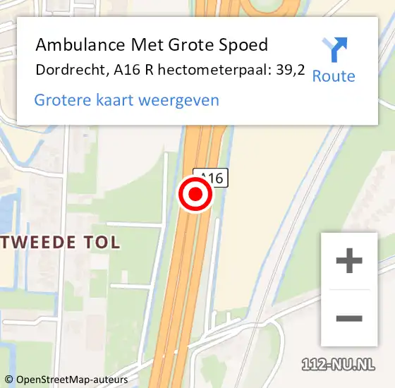 Locatie op kaart van de 112 melding: Ambulance Met Grote Spoed Naar Dordrecht, A16 R hectometerpaal: 39,2 op 21 april 2018 20:21