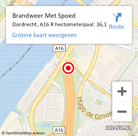 Locatie op kaart van de 112 melding: Brandweer Met Spoed Naar Dordrecht, A16 R hectometerpaal: 36,1 op 22 april 2018 22:21
