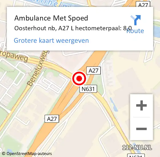 Locatie op kaart van de 112 melding: Ambulance Met Spoed Naar Oosterhout nb, A27 L hectometerpaal: 8,0 op 25 april 2018 19:30