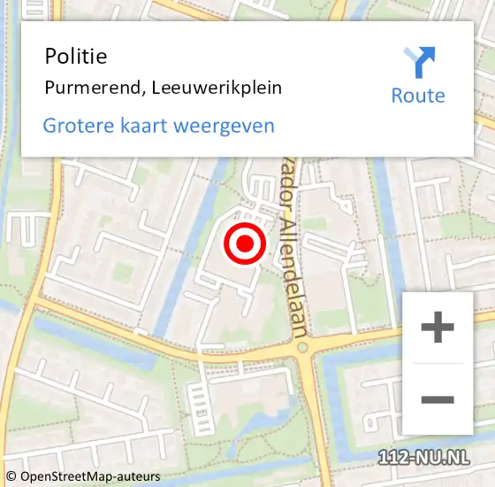 Locatie op kaart van de 112 melding: Politie Purmerend, Leeuwerikplein op 25 april 2018 22:17