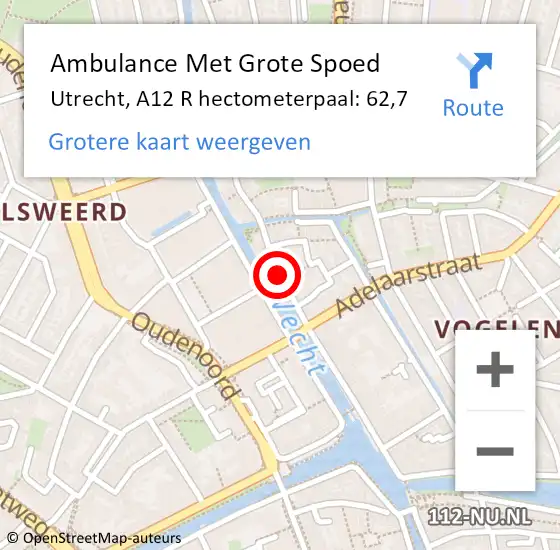 Locatie op kaart van de 112 melding: Ambulance Met Grote Spoed Naar Utrecht, A12 R hectometerpaal: 62,7 op 26 april 2018 04:00