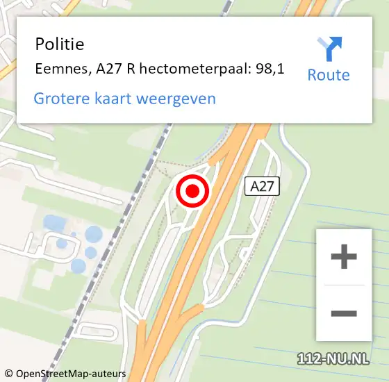 Locatie op kaart van de 112 melding: Politie Eemnes, A27 L hectometerpaal: 101,1 op 27 april 2018 07:19