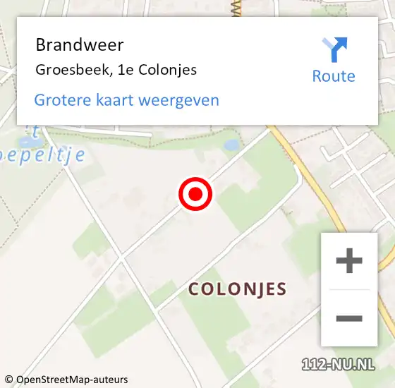 Locatie op kaart van de 112 melding: Brandweer Groesbeek, 1e Colonjes op 27 april 2018 13:31