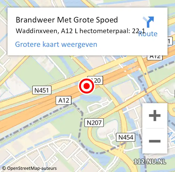 Locatie op kaart van de 112 melding: Brandweer Met Grote Spoed Naar Waddinxveen, A12 L hectometerpaal: 22,1 op 3 mei 2018 13:11