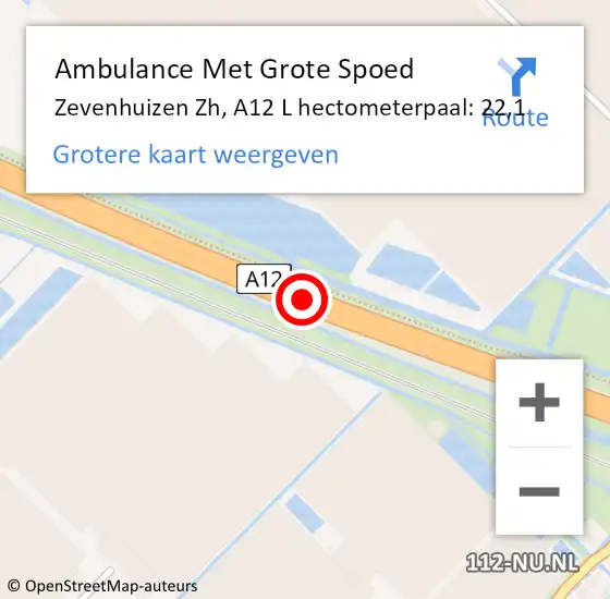 Locatie op kaart van de 112 melding: Ambulance Met Grote Spoed Naar Zevenhuizen Zh, A12 L hectometerpaal: 22,1 op 3 mei 2018 13:13
