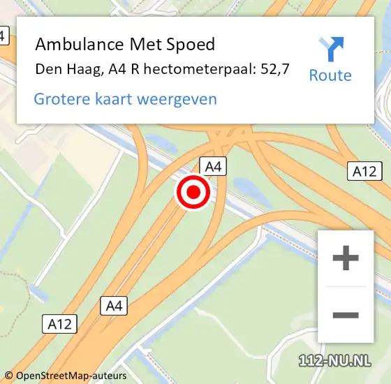 Locatie op kaart van de 112 melding: Ambulance Met Spoed Naar Den Haag, A4 R hectometerpaal: 53,2 op 3 mei 2018 16:52