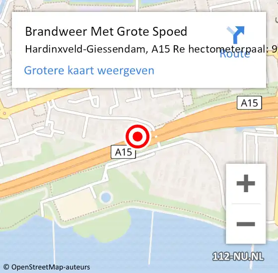 Locatie op kaart van de 112 melding: Brandweer Met Grote Spoed Naar Hardinxveld-Giessendam, A15 Li hectometerpaal: 92,7 op 3 mei 2018 17:10