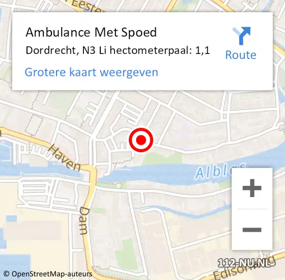 Locatie op kaart van de 112 melding: Ambulance Met Spoed Naar Dordrecht, N3 Li hectometerpaal: 1,1 op 3 mei 2018 17:38