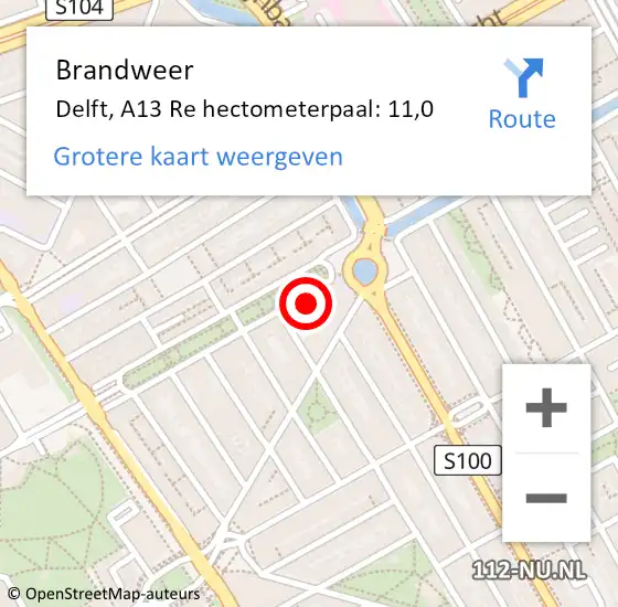 Locatie op kaart van de 112 melding: Brandweer Delft, A13 Re hectometerpaal: 13,4 op 4 mei 2018 18:46
