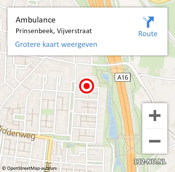 Locatie op kaart van de 112 melding: Ambulance Prinsenbeek, Vijverstraat op 5 mei 2018 10:40