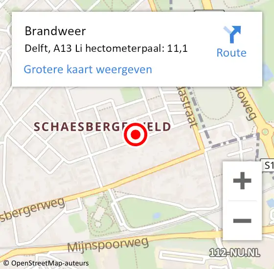 Locatie op kaart van de 112 melding: Brandweer Delft, A13 Li hectometerpaal: 11,1 op 6 mei 2018 07:08