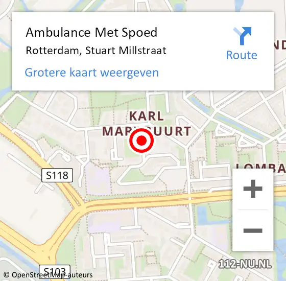 Locatie op kaart van de 112 melding: Ambulance Met Spoed Naar Rotterdam, Stuart Millstraat op 6 mei 2018 15:34
