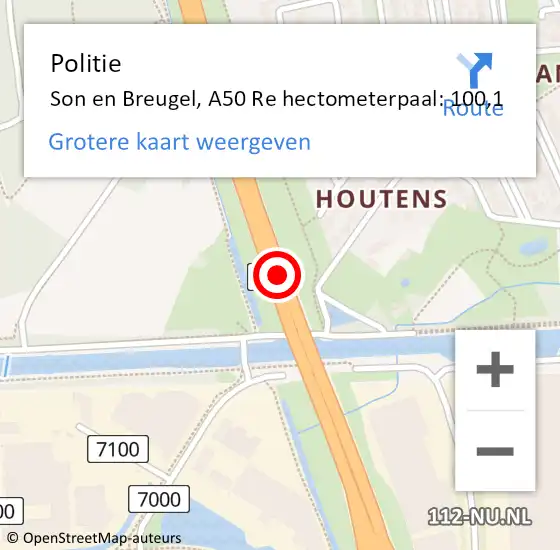 Locatie op kaart van de 112 melding: Politie Son en Breugel, A50 Re hectometerpaal: 100,1 op 7 mei 2018 09:06