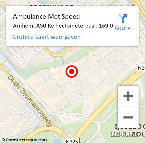Locatie op kaart van de 112 melding: Ambulance Met Spoed Naar Arnhem, A50 Re hectometerpaal: 169,0 op 7 mei 2018 15:58