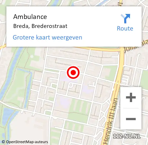 Locatie op kaart van de 112 melding: Ambulance Breda, Brederostraat op 7 mei 2018 18:59