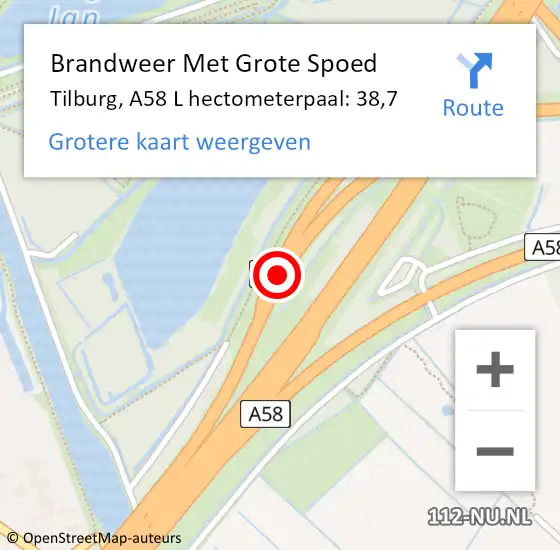 Locatie op kaart van de 112 melding: Brandweer Met Grote Spoed Naar Tilburg, A58 R hectometerpaal: 42,7 op 8 mei 2018 07:58