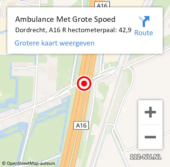 Locatie op kaart van de 112 melding: Ambulance Met Grote Spoed Naar Dordrecht, A16 L hectometerpaal: 44,4 op 8 mei 2018 17:49