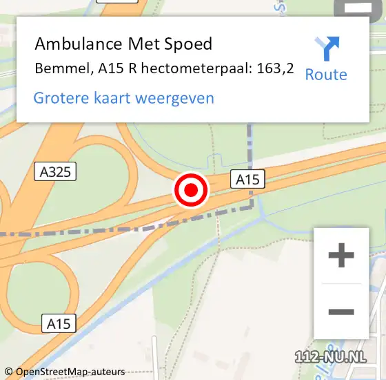 Locatie op kaart van de 112 melding: Ambulance Met Spoed Naar Bemmel, A15 R hectometerpaal: 163,2 op 24 februari 2014 16:13