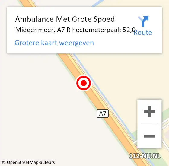Locatie op kaart van de 112 melding: Ambulance Met Grote Spoed Naar Middenmeer, A7 R hectometerpaal: 52,0 op 9 mei 2018 01:32