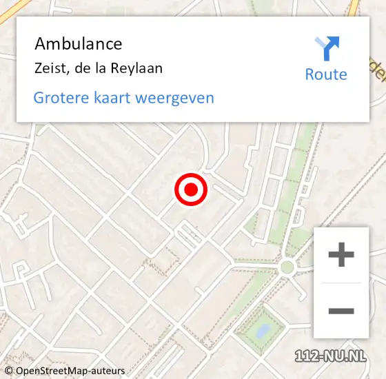 Locatie op kaart van de 112 melding: Ambulance Zeist, de la Reylaan op 9 mei 2018 07:36