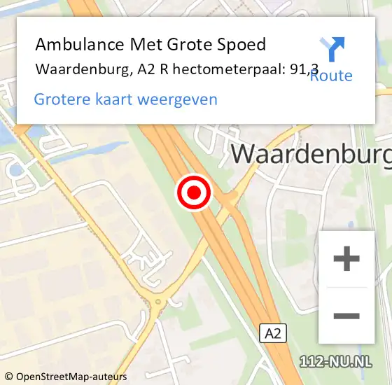 Locatie op kaart van de 112 melding: Ambulance Met Grote Spoed Naar Waardenburg, A2 R hectometerpaal: 91,3 op 9 mei 2018 17:42