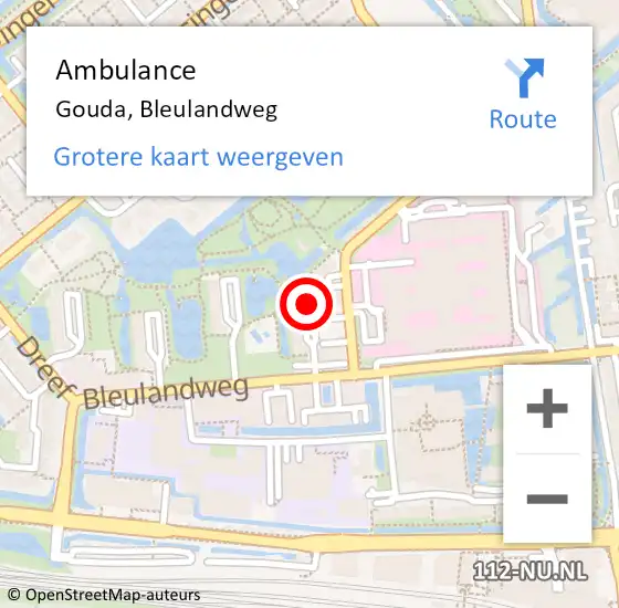 Locatie op kaart van de 112 melding: Ambulance Gouda, Bleulandweg op 10 mei 2018 13:47