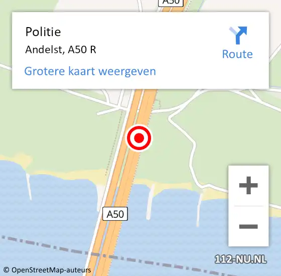 Locatie op kaart van de 112 melding: Politie Andelst, A50 R op 11 mei 2018 07:59