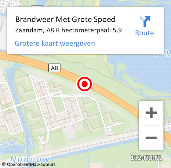 Locatie op kaart van de 112 melding: Brandweer Met Grote Spoed Naar Zaandam, A8 R hectometerpaal: 5,9 op 11 mei 2018 20:08