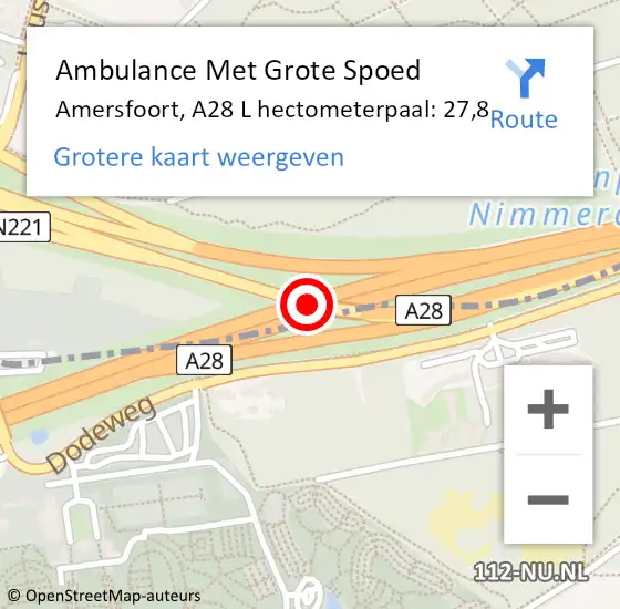 Locatie op kaart van de 112 melding: Ambulance Met Grote Spoed Naar Amersfoort, A28 L hectometerpaal: 27,8 op 12 mei 2018 15:11