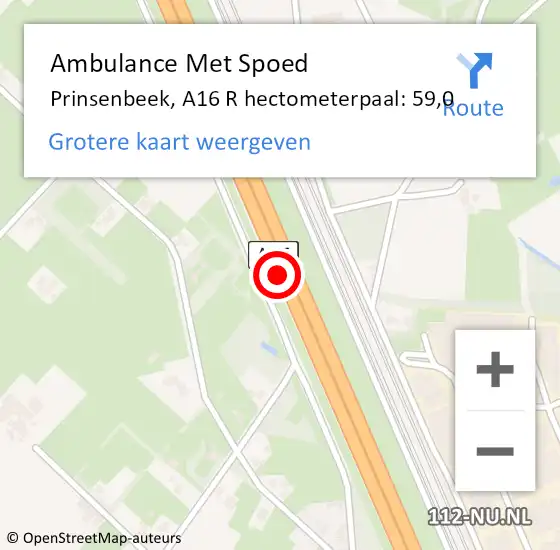 Locatie op kaart van de 112 melding: Ambulance Met Spoed Naar Prinsenbeek, A16 R hectometerpaal: 59,0 op 12 mei 2018 23:59