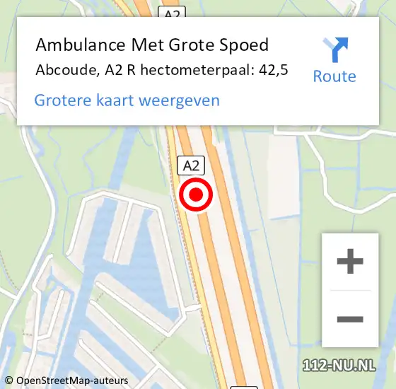 Locatie op kaart van de 112 melding: Ambulance Met Grote Spoed Naar Abcoude, A2 R hectometerpaal: 42,5 op 13 mei 2018 14:42