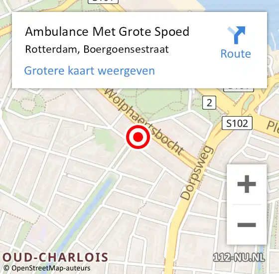 Locatie op kaart van de 112 melding: Ambulance Met Grote Spoed Naar Rotterdam, Boergoensestraat op 19 mei 2018 21:21