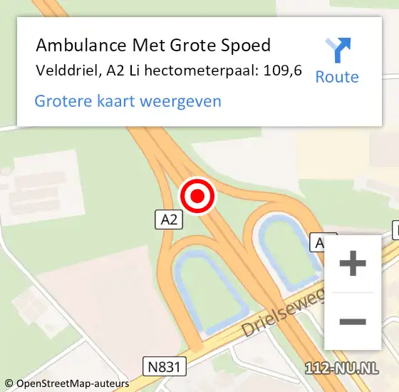 Locatie op kaart van de 112 melding: Ambulance Met Grote Spoed Naar Velddriel, A2 L hectometerpaal: 107,1 op 20 mei 2018 03:30