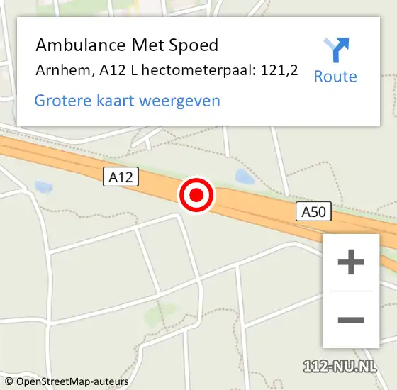 Locatie op kaart van de 112 melding: Ambulance Met Spoed Naar Arnhem, A12 L hectometerpaal: 121,2 op 20 mei 2018 14:34