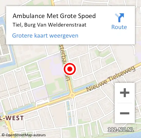 Locatie op kaart van de 112 melding: Ambulance Met Grote Spoed Naar Tiel, Burg Van Welderenstraat op 20 mei 2018 19:02