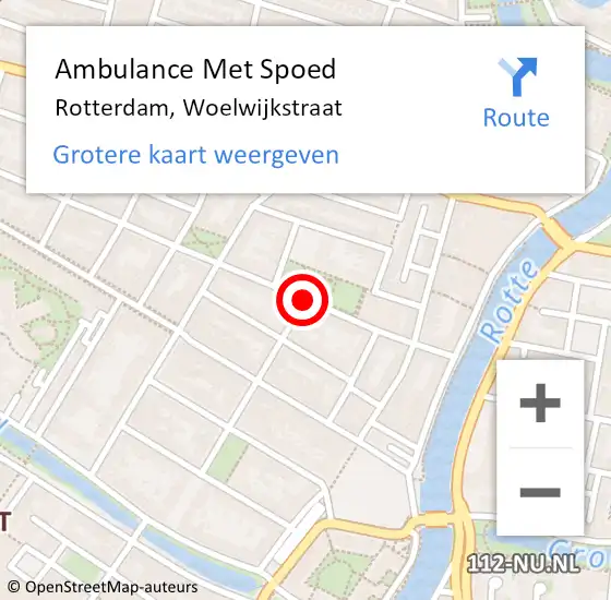 Locatie op kaart van de 112 melding: Ambulance Met Spoed Naar Rotterdam, Woelwijkstraat op 20 mei 2018 19:20
