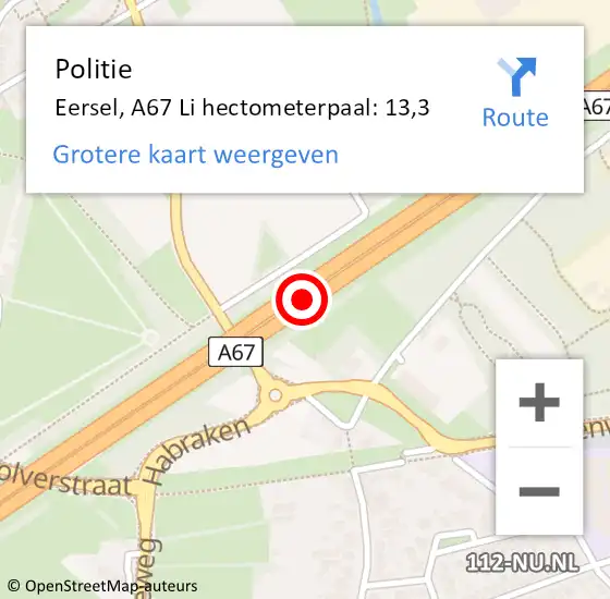 Locatie op kaart van de 112 melding: Politie Eersel, A67 Re hectometerpaal: 12,8 op 21 mei 2018 00:40