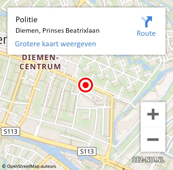 Locatie op kaart van de 112 melding: Politie Diemen, Prinses Beatrixlaan op 21 mei 2018 13:32