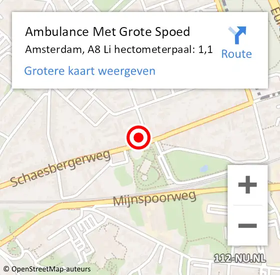 Locatie op kaart van de 112 melding: Ambulance Met Grote Spoed Naar Amsterdam, A8 Li hectometerpaal: 1,1 op 21 mei 2018 15:36