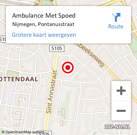 Locatie op kaart van de 112 melding: Ambulance Met Spoed Naar Nijmegen, Pontanusstraat op 21 mei 2018 22:22