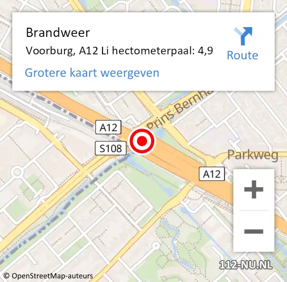 Locatie op kaart van de 112 melding: Brandweer Voorburg, A12 Re hectometerpaal: 4,8 op 22 mei 2018 12:51