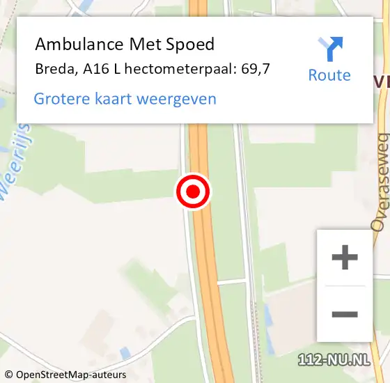 Locatie op kaart van de 112 melding: Ambulance Met Spoed Naar Breda, A16 L hectometerpaal: 72,0 op 22 mei 2018 16:38
