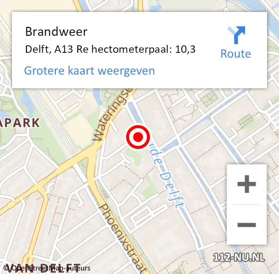 Locatie op kaart van de 112 melding: Brandweer Delft, A13 Re hectometerpaal: 10,5 op 23 mei 2018 10:20