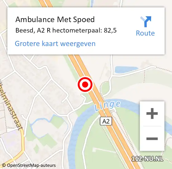 Locatie op kaart van de 112 melding: Ambulance Met Spoed Naar Beesd, A2 R hectometerpaal: 84,4 op 23 mei 2018 13:38
