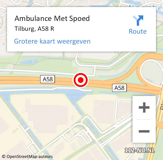 Locatie op kaart van de 112 melding: Ambulance Met Spoed Naar Tilburg, A58 R op 23 mei 2018 19:41