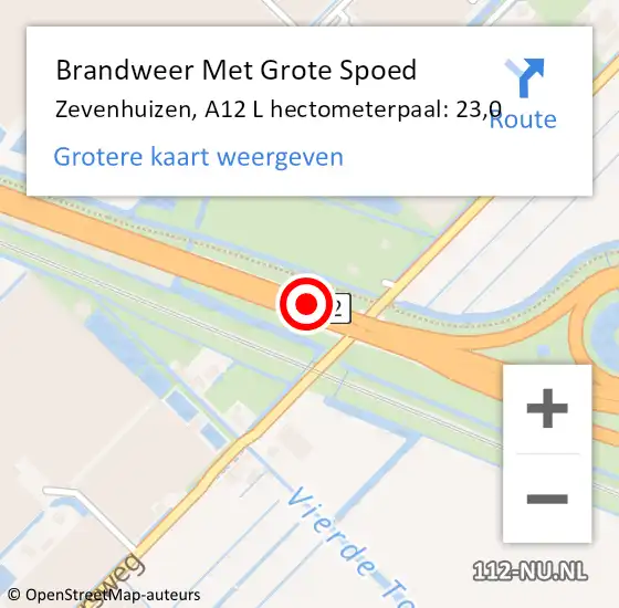 Locatie op kaart van de 112 melding: Brandweer Met Grote Spoed Naar Zevenhuizen, A12 L hectometerpaal: 23,0 op 24 mei 2018 08:28