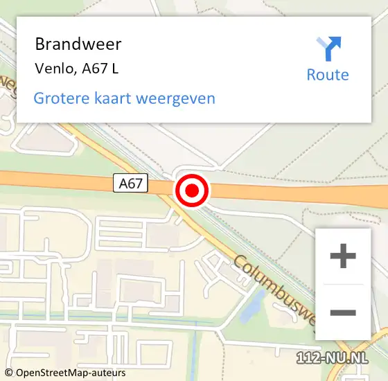 Locatie op kaart van de 112 melding: Brandweer Venlo, A67 L op 24 mei 2018 08:31
